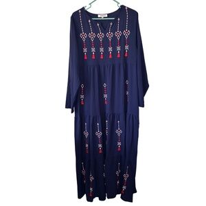 BNSQ Navy Maxi Dress with Red and Pink Embroidery